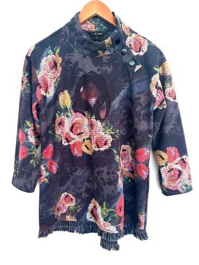 Ali Miles Black Knit Tunic Top with Multicolor Floral Accents Size Small